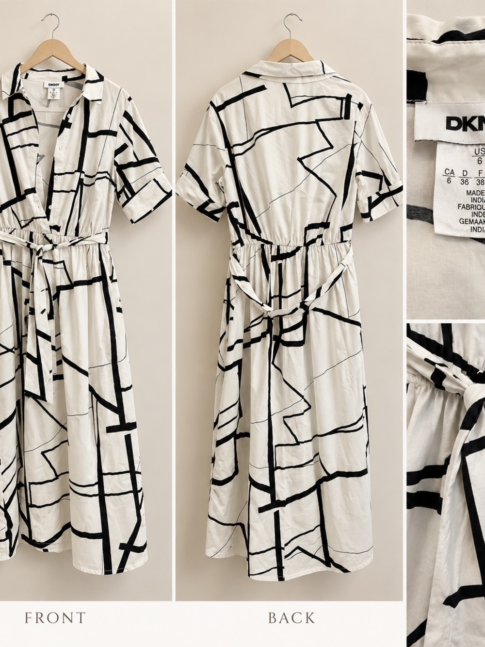 DKNY Black & White Abstract Geometric Midi Shirt Dress